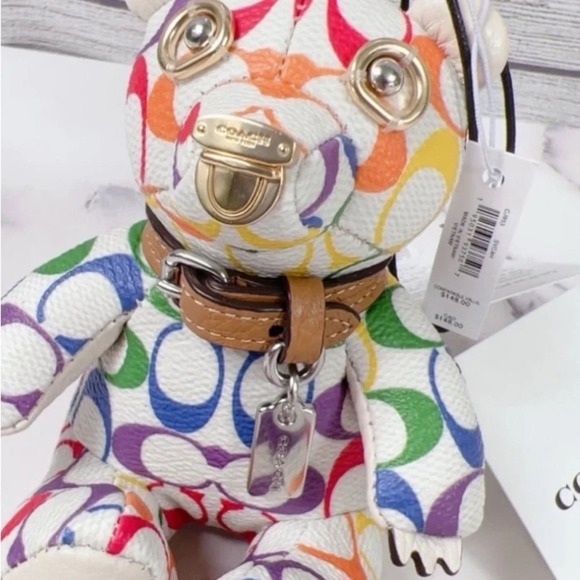 COACH Iconic Rainbow Colored White Signature Bear Keychain Purse Bag Charm NWT - Picture 2 of 8